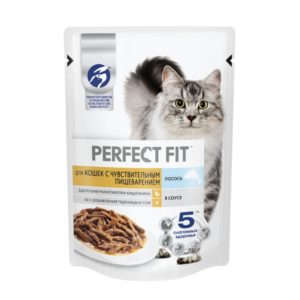 Влажный полнорационный корм PERFECT FIT для взрослых кошек с чувствительным пищеварением, с лососем в соусе, 75 г