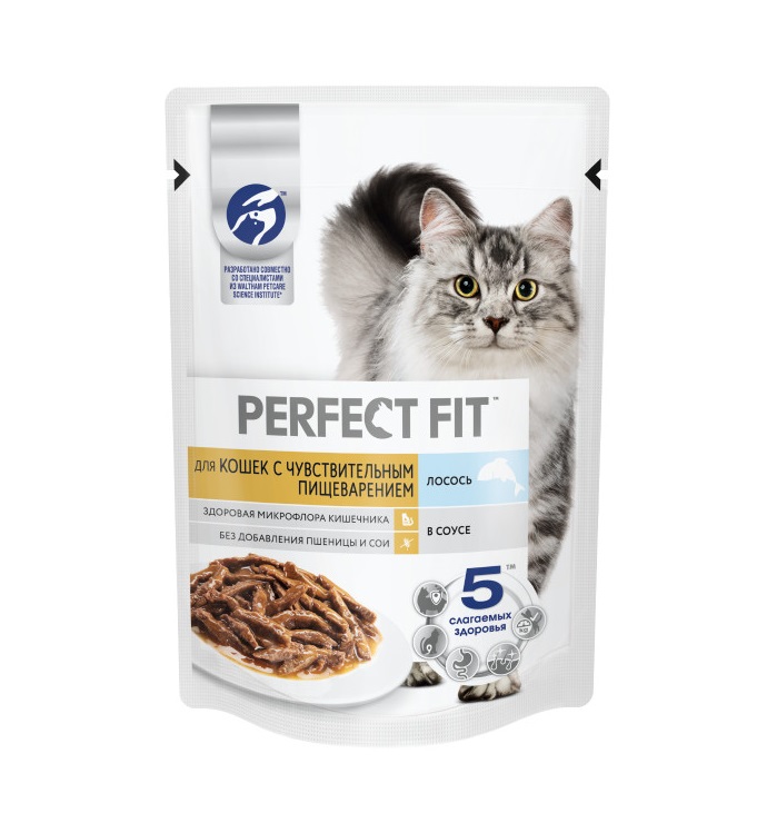 Влажный полнорационный корм PERFECT FIT для взрослых кошек с чувствительным пищеварением, с лососем в соусе, 75 г