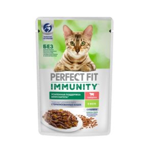 Влажный корм Perfect Fit Immunity для иммунитета кошек, говядина в желе и семена льна, 75 г
