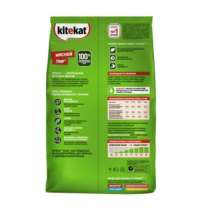 Сухой полнорационный корм KITEKAT для взрослых кошек «Мясной Пир»,1.9 кг