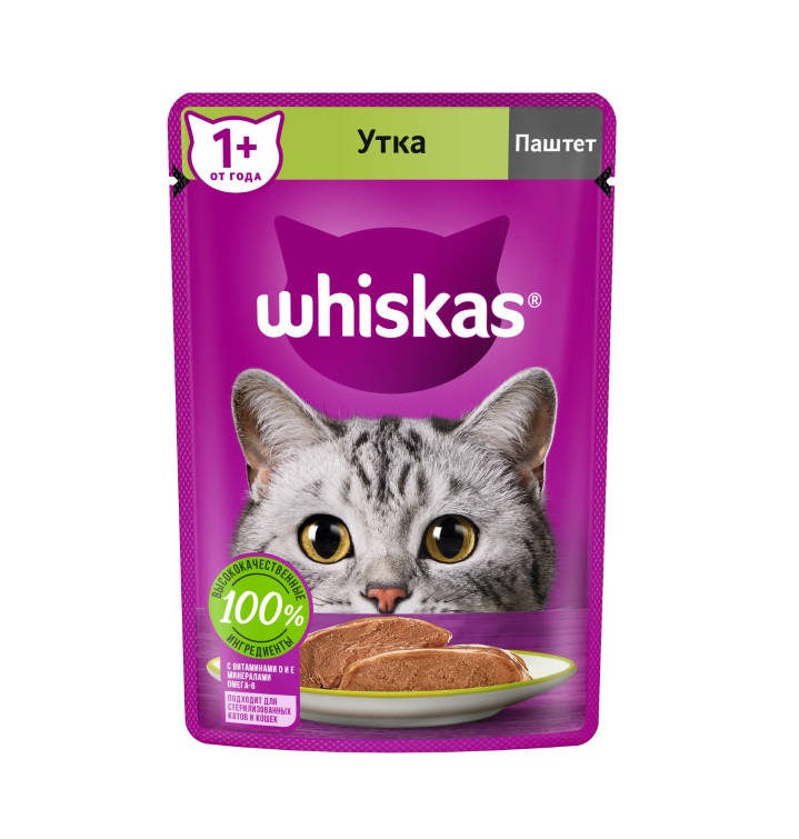 Влажный полнорационный корм WHISKAS для взрослых кошек, паштет с уткой, 75 г
