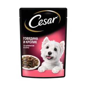 Влажный корм Cesar для взрослых собак, с говядиной, кроликом и шпинатом в соусе, 85 г