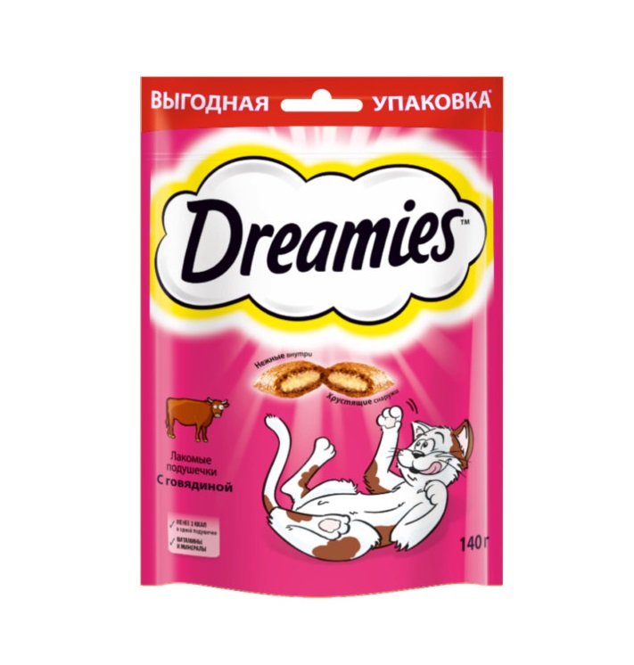 Лакомство для кошек Dreamies подушечки с говядиной, 140 г