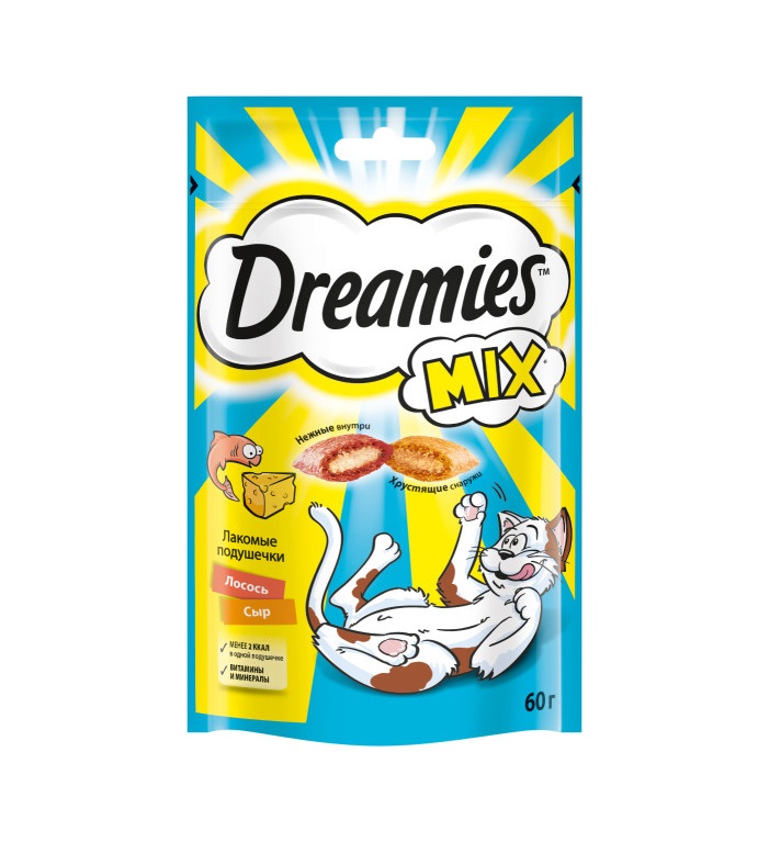 Лакомство Dreamies MIX для взрослых кошек, с лососем и сыром, 60 г