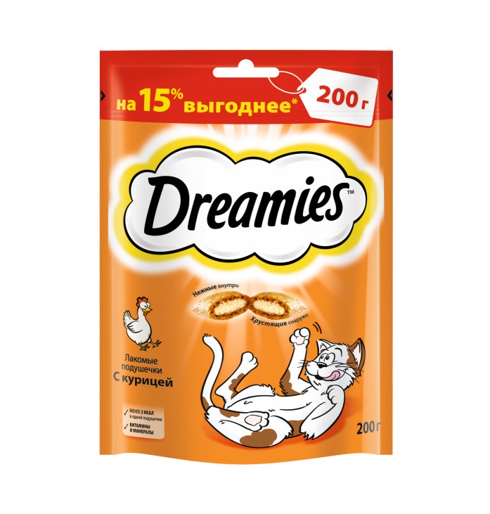 Лакомство для кошек Dreamies подушечки с курицей, 200 г