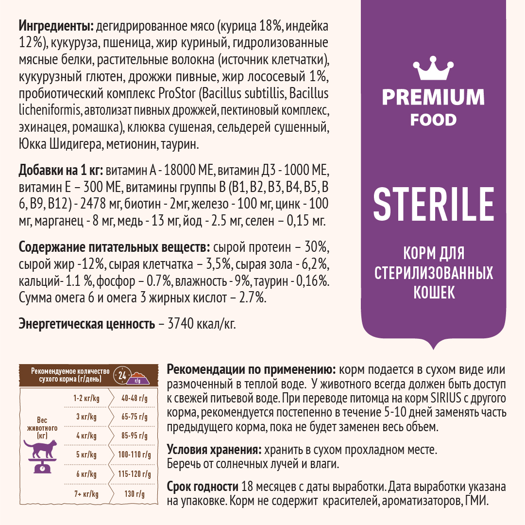 Корм SIRIUS для стерилизованных кошек, индейка и курица, 10 кг
