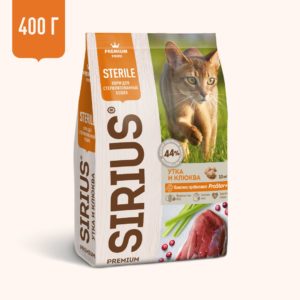Корм SIRIUS для стерилизованных кошек, утка с клюквой, 400 г