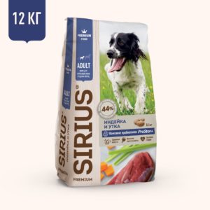 Корм SIRIUS для взрослых собак средних пород, индейка и утка с овощами, 12 кг