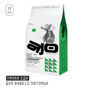 Сухой корм для взрослых собак миниатюрных и малых пород AJO Dog Mini Hypoallergenic при аллергии и проблемах пищеварения, с индейкой и гречкой, 12 кг